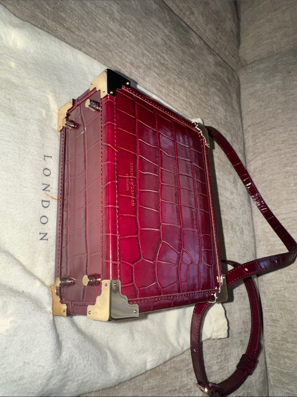 Aspinal of London Mini Croc-Embossed Top Trunk Handle Bag in Burgundy - Picture 6 of 6